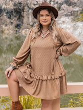 Women's tan plus-size mini dress with dot print and flounce sleeves.