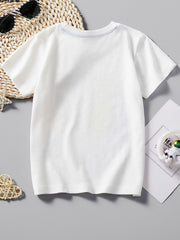 Plain back view of a white children's casual T-shirt laid flat with no graphic