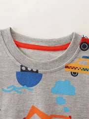 Close up of light gray children's sweatshirt ribbed round neckline with orange inner trim