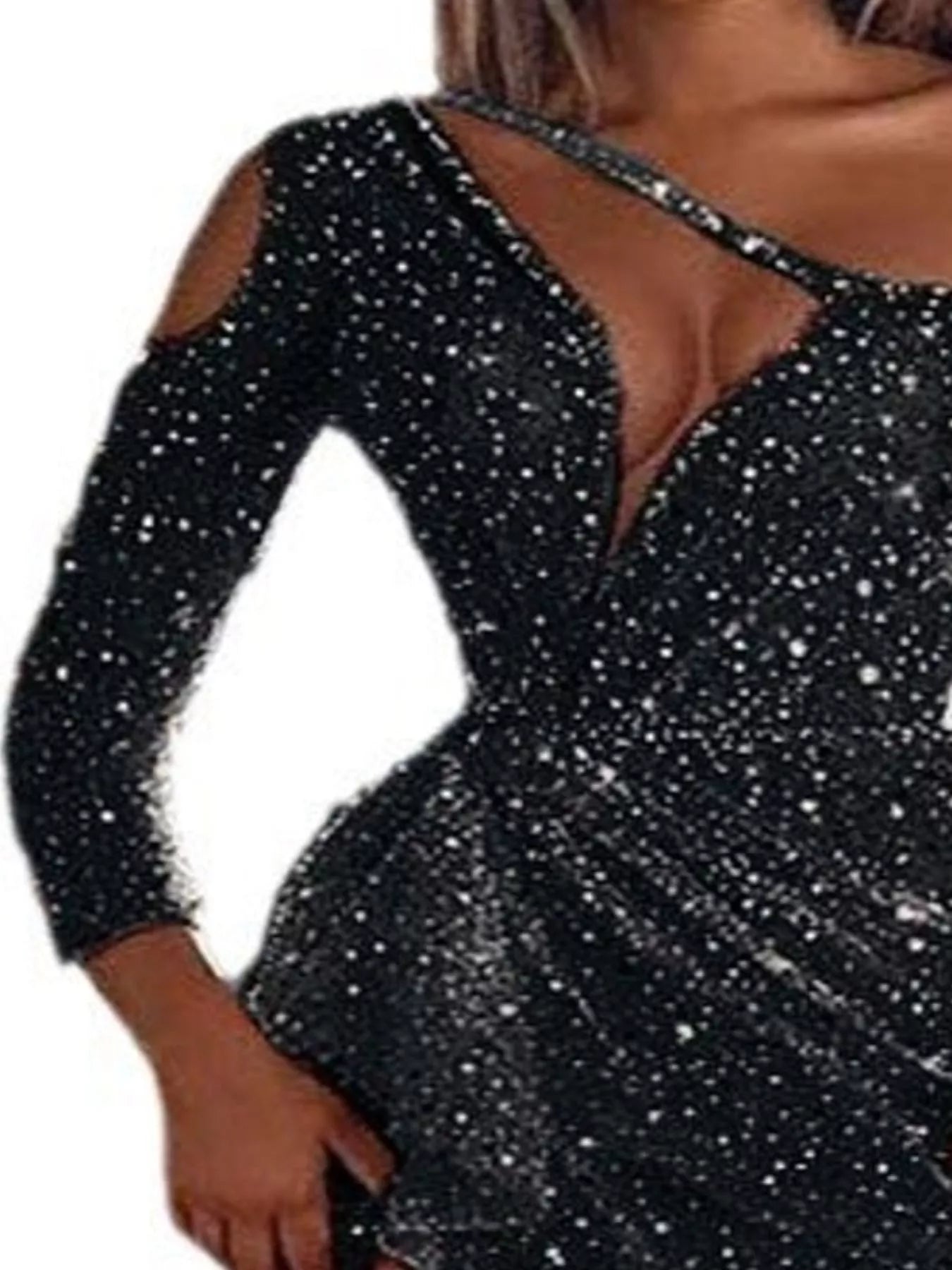 Close view of black plus size sequin evening dress bodice with one shoulder strap and cutout