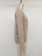 Side view of khaki dropped shoulder long sleeve sweater on mannequin