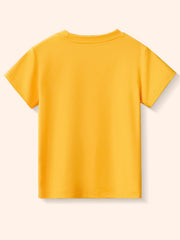 Back view of a plain gold children's short sleeve tee laid flat with a round neckline