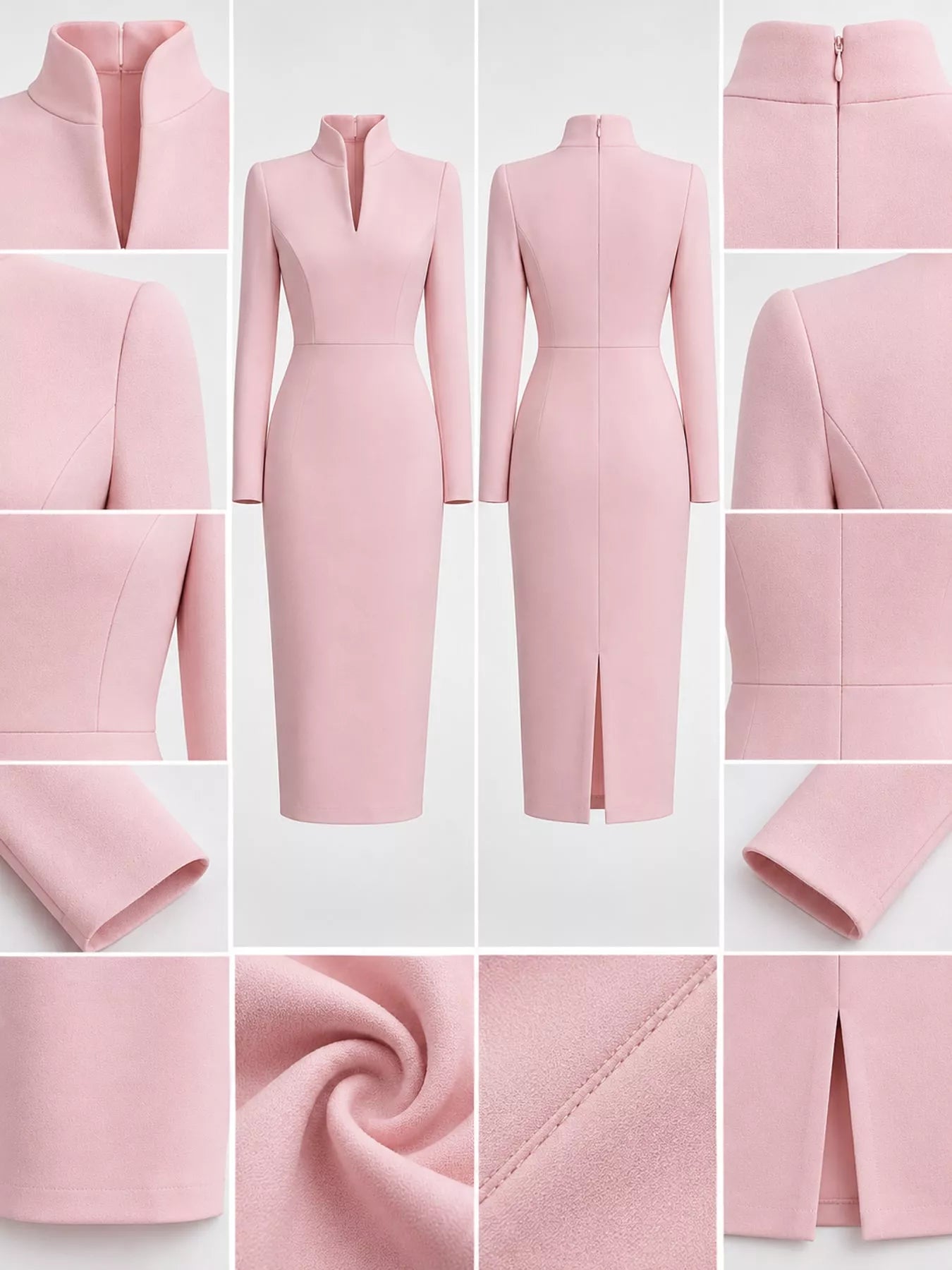 Detail collage of pink stand collar midi dress showing collar, zip, seams and fabric