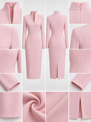 Detail collage of pink stand collar midi dress showing collar, zip, seams and fabric