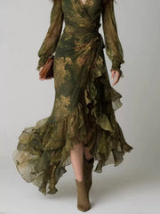 Cropped front view of army green floral wrap dress highlighting ruffled hem detail