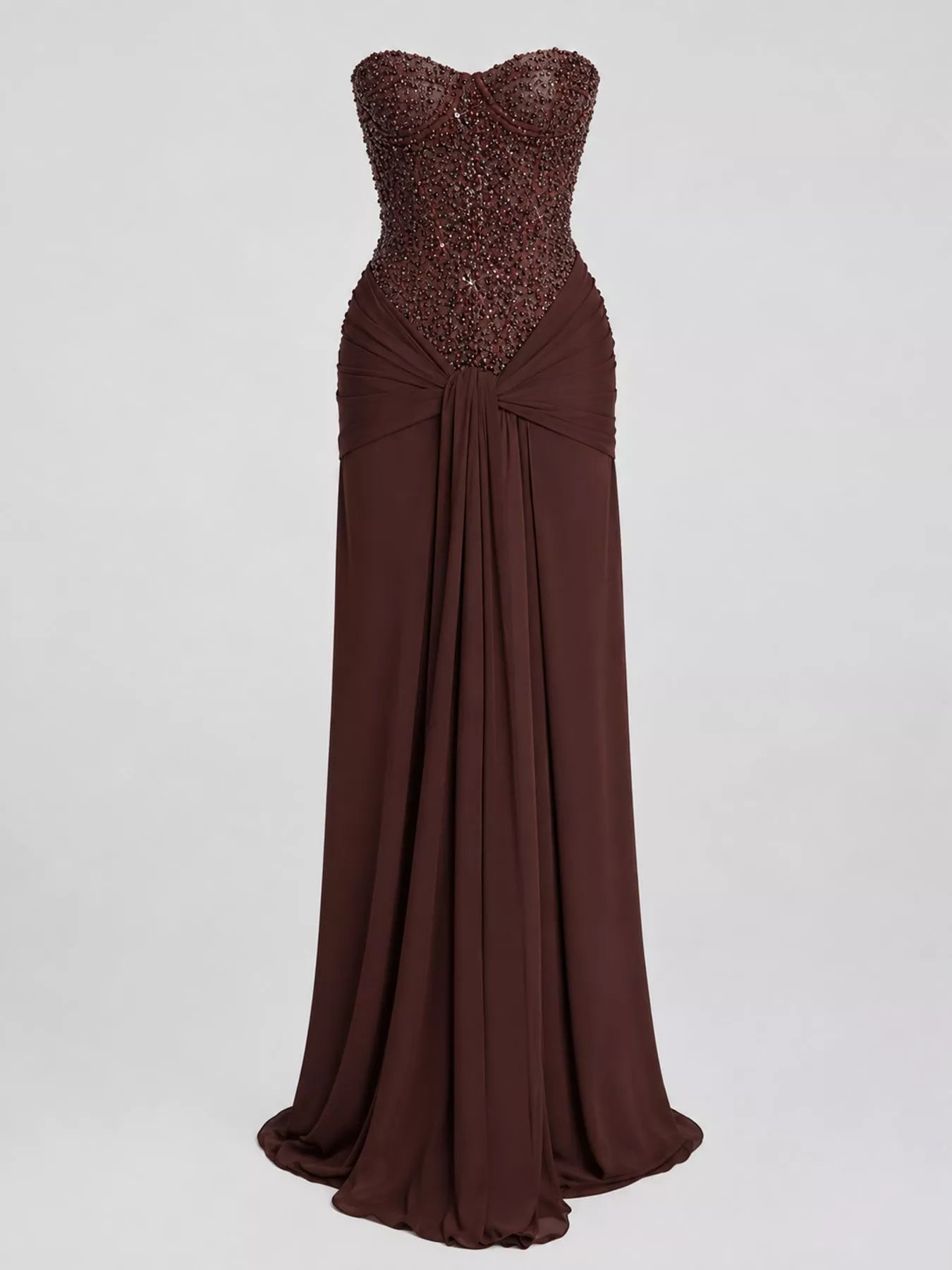 Dark Brown strapless sequin corset maxi dress with draped waist, front view without model