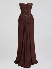 Dark Brown strapless sequin corset maxi dress with draped waist, front view without model
