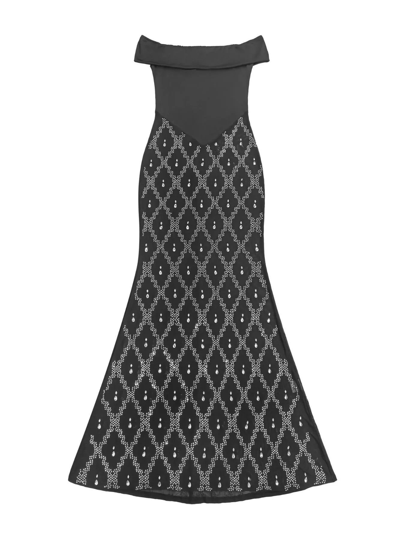 Flat lay front view of black off shoulder maxi dress with rhinestone diamond skirt