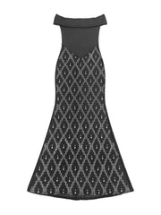 Flat lay front view of black off shoulder maxi dress with rhinestone diamond skirt