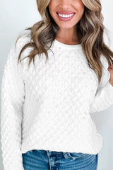 Close-up on-model front view of white textured knit pullover sweater with pearl embellishments