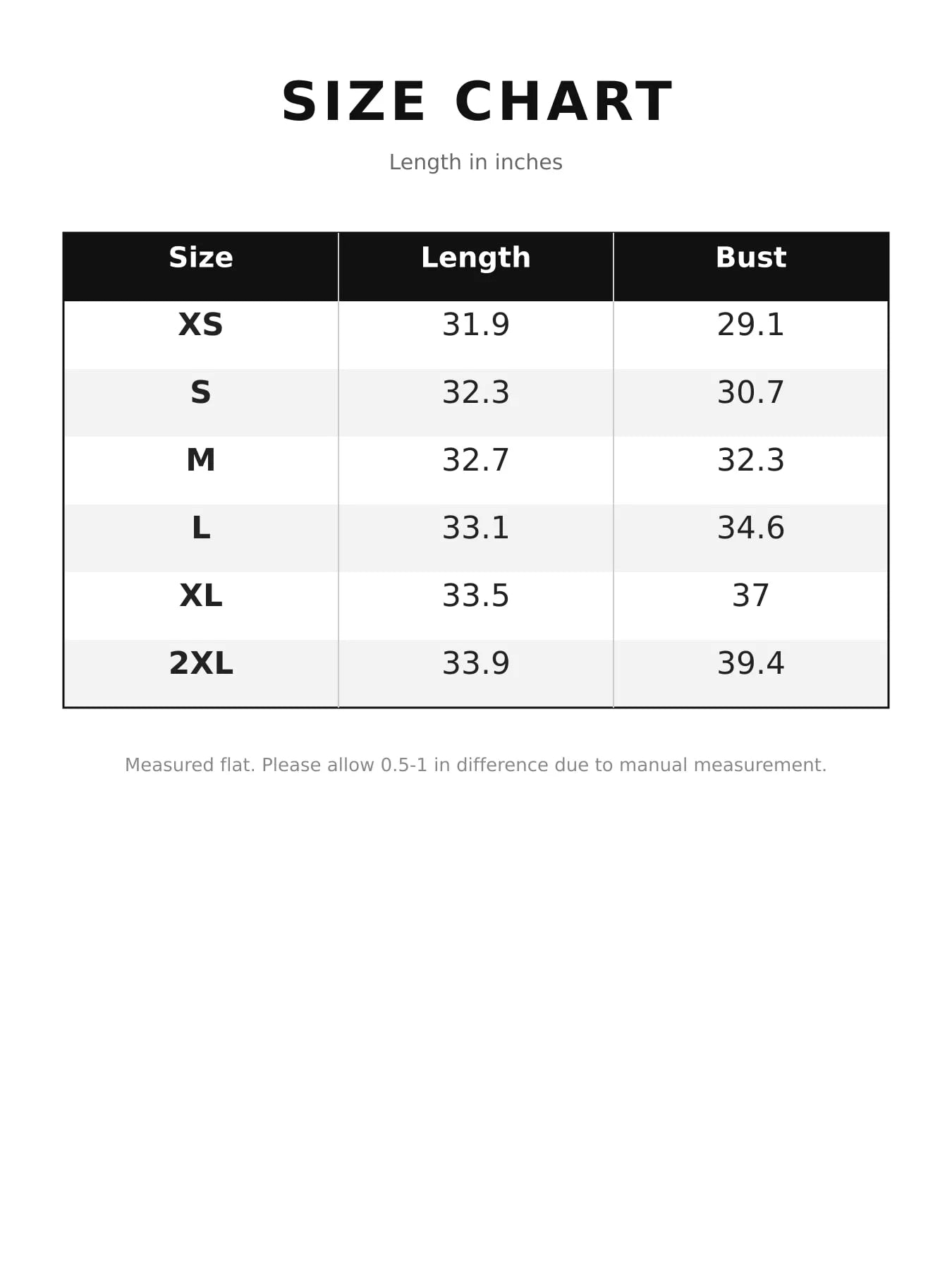 Size chart table showing length and bust measurements in inches for bodycon dress