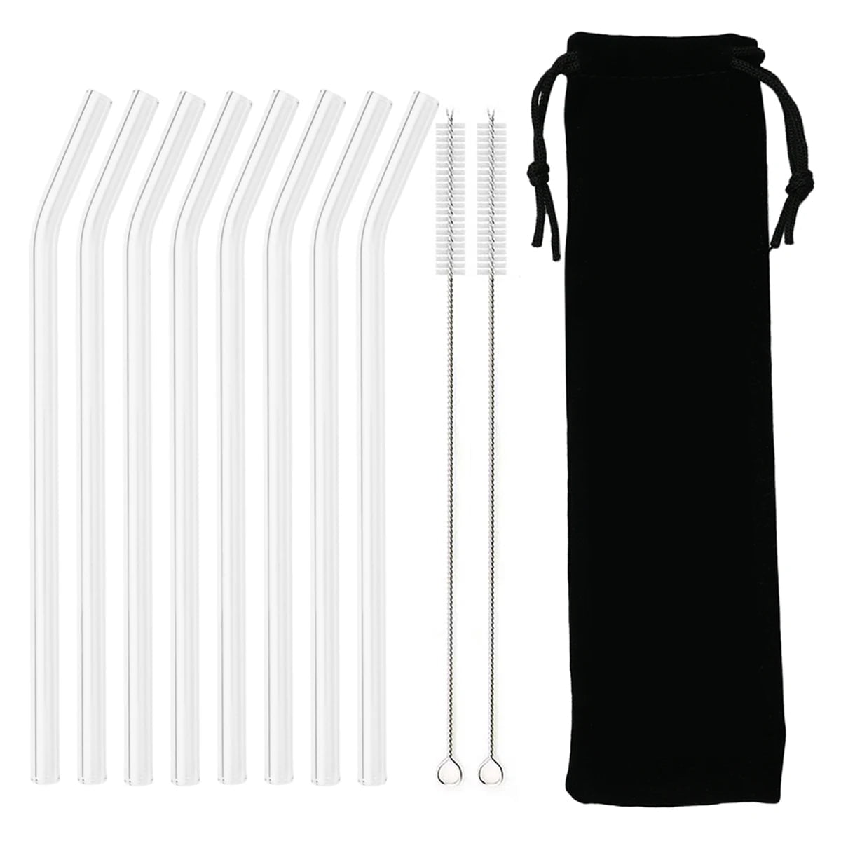 200*8mm Reusable Glass Straw Set 8Pcs Bent Black