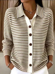 On-model front view of khaki and white striped collared cardigan with brown buttons