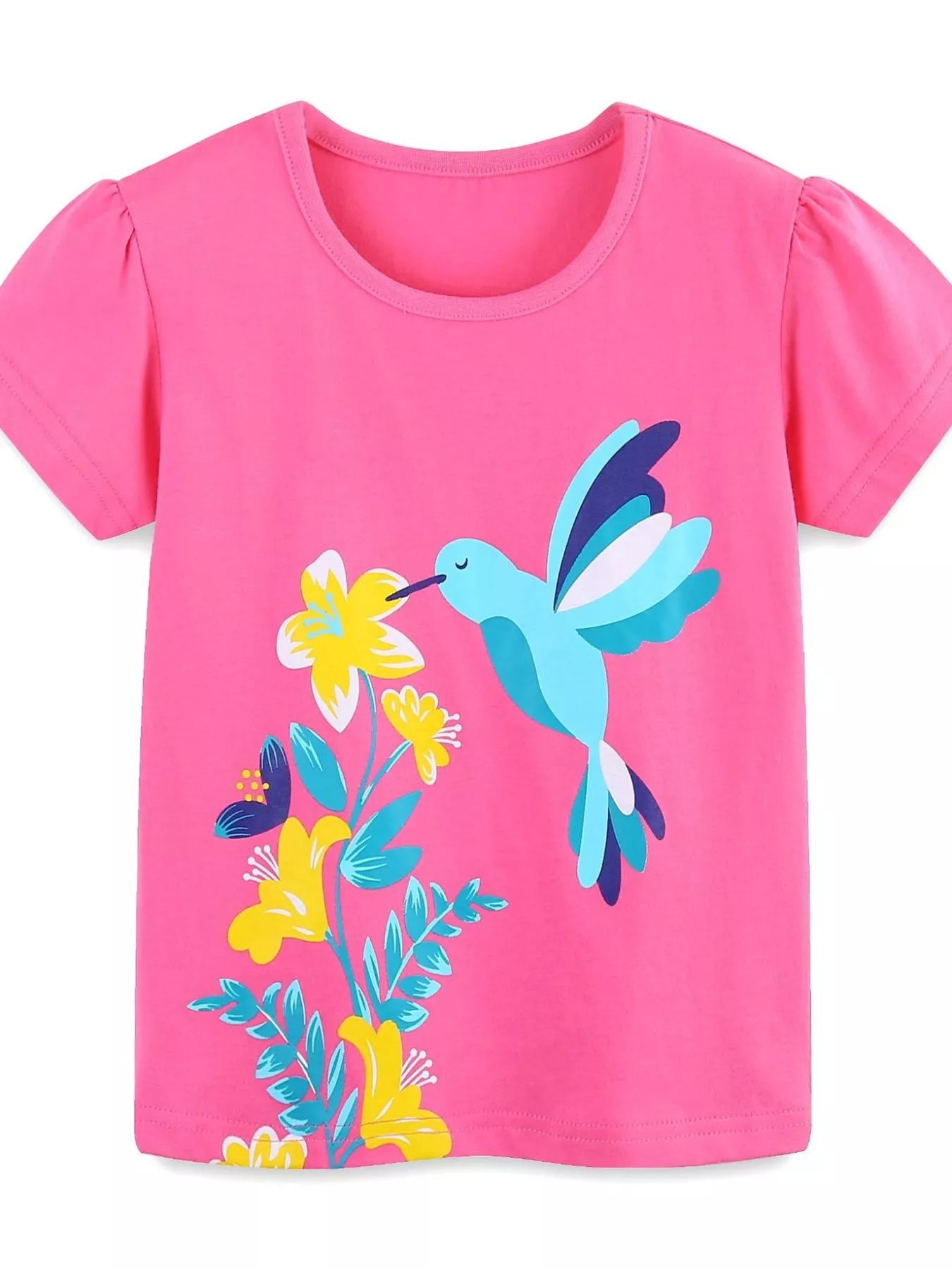 Hot pink children's short sleeve t-shirt with a hummingbird and yellow flowers