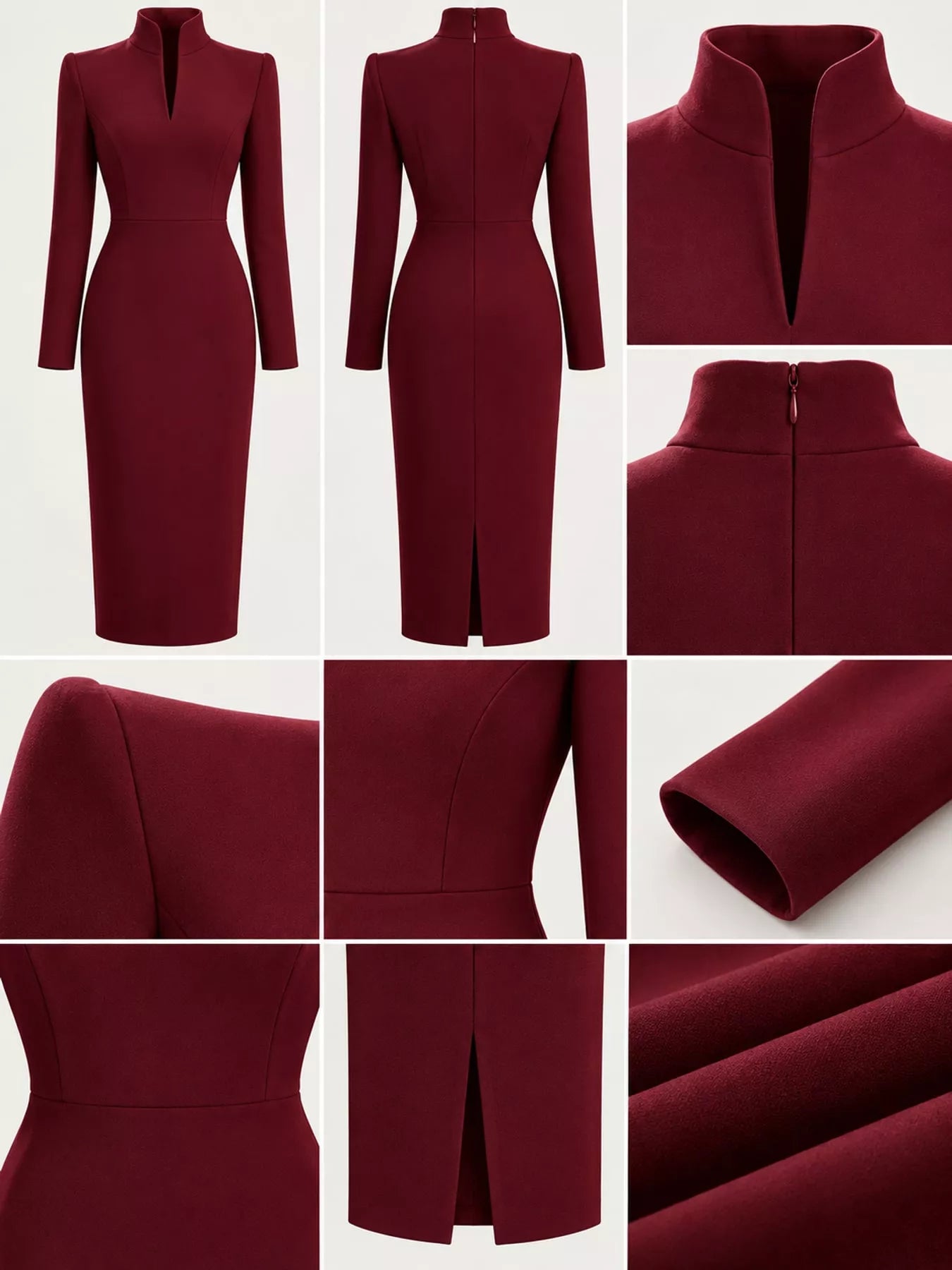 Detail collage of burgundy stand collar midi dress showing front, back, collar and fabric