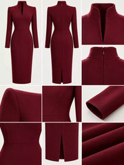 Detail collage of burgundy stand collar midi dress showing front, back, collar and fabric