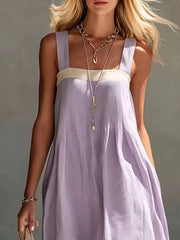 Close front bodice view on model of light purple color block sleeveless linen blend dress