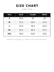 Size chart for the long sleeve velvet lace bodycon dress showing bust length and waist measurements