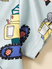 Close-up of the yellow excavator print and stitched sleeve hem on the children's tee