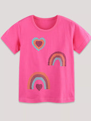 Flat front view of a hot pink children's tee with sequin hearts and rainbow motifs
