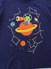 Close up of the green alien with a telescope on a ringed orange planet among constellations