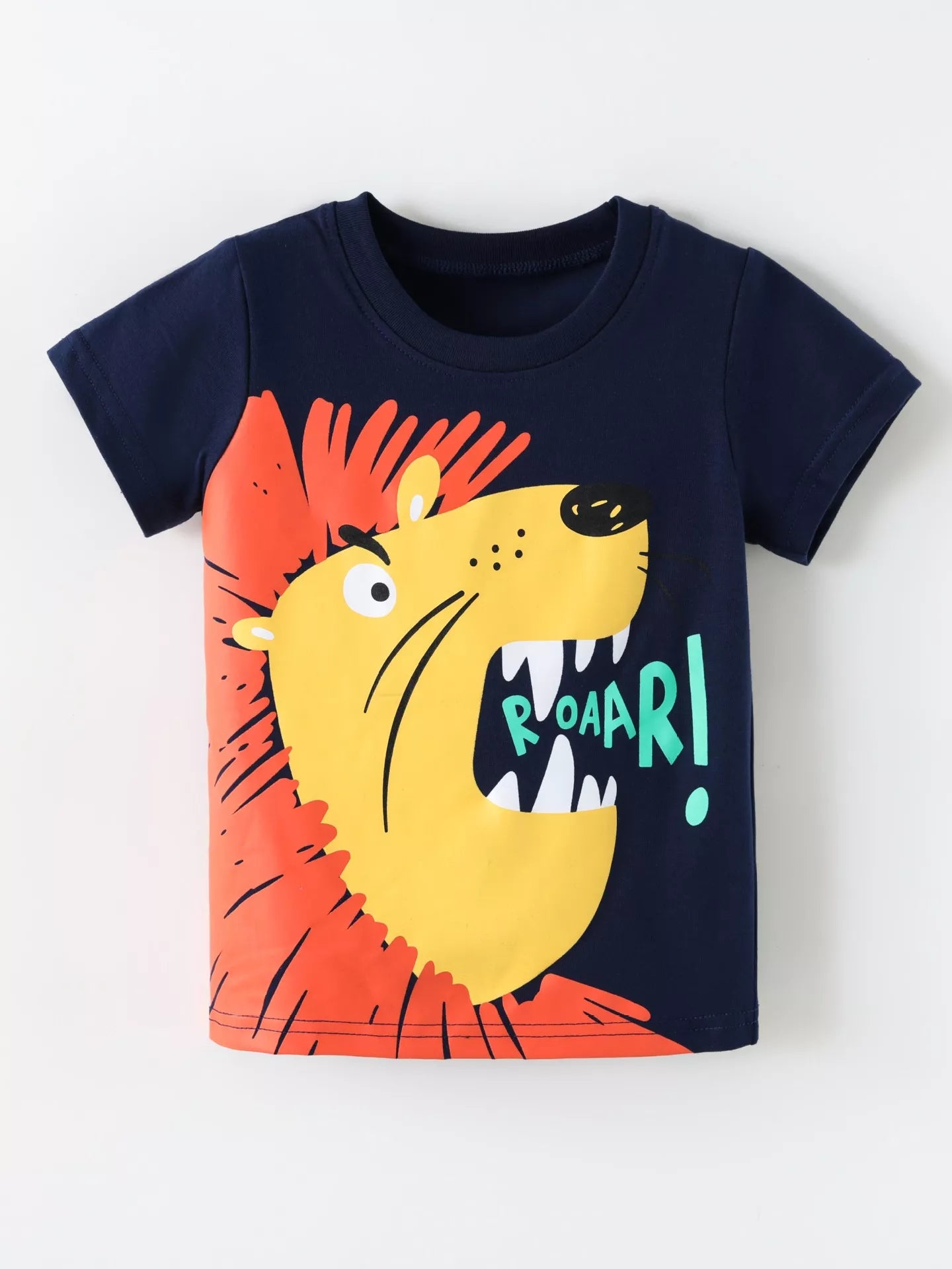 Dark blue children's short sleeve T-shirt laid flat with a large roaring yellow lion and orange mane