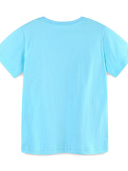 Back view of the plain pastel blue children's short sleeve T-shirt with stitched hem
