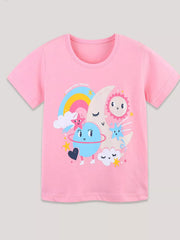 Children's pink short-sleeve T-shirt featuring a cartoon planet design.