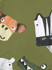 Close view of the cartoon animal print on the moss green children's tee showing detailed faces