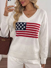 Mirror front view of white V neck knit sweater with American flag stars and stripes print.