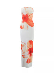 Front studio view of an orange floral print strapless bodycon maxi dress without a model