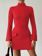 Deep red mock neck long sleeve bodycon dress worn on model, front view with flared cuffs