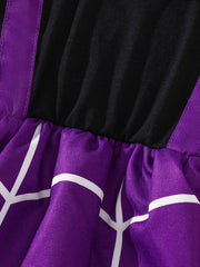 Purple and black garment close-up with gathered fabric, black panel, and white geometric line pattern.