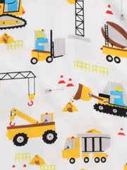 Close view of the construction vehicle print with forklift crane and dump truck details