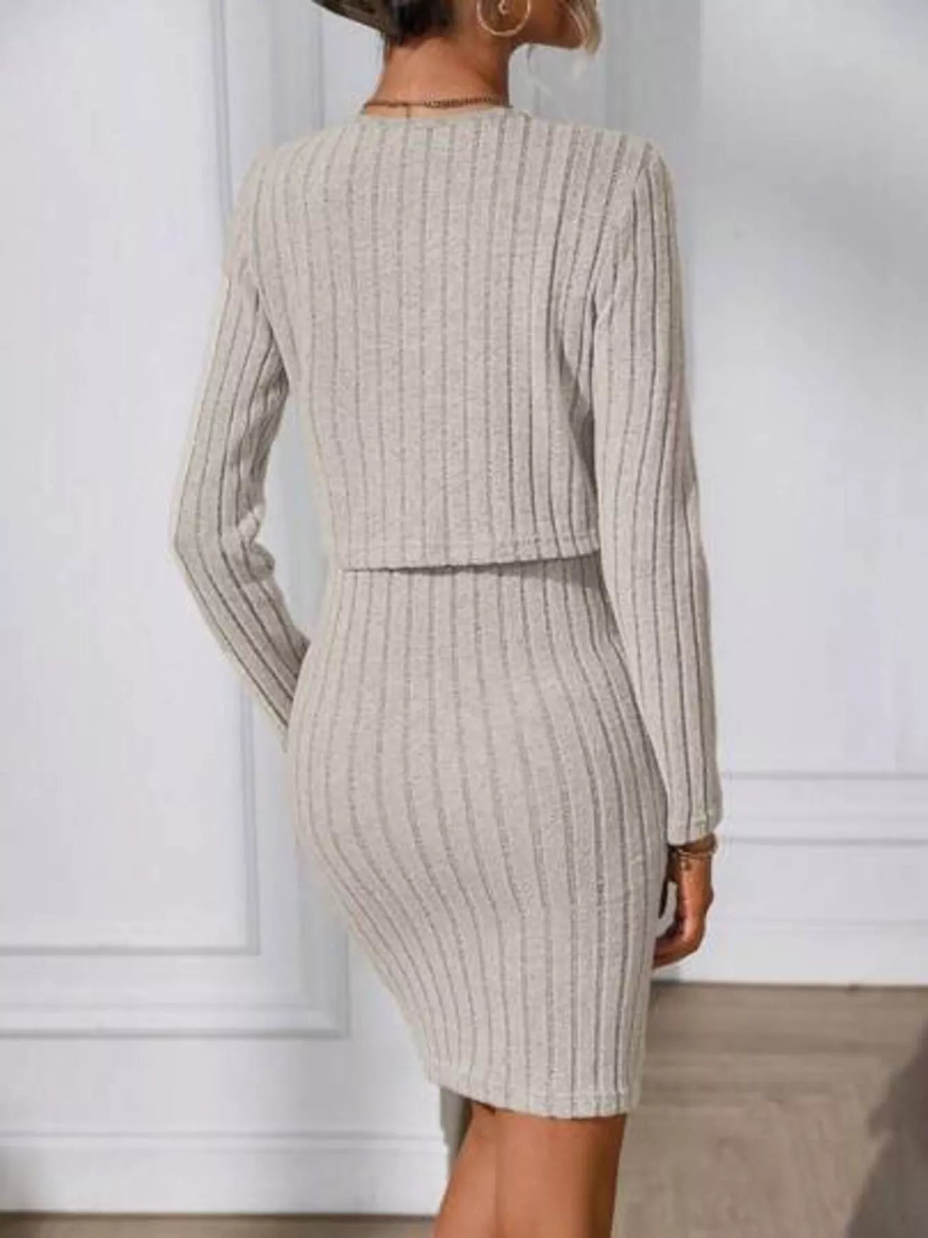 Khaki ribbed knit cami dress with cardigan, back view
