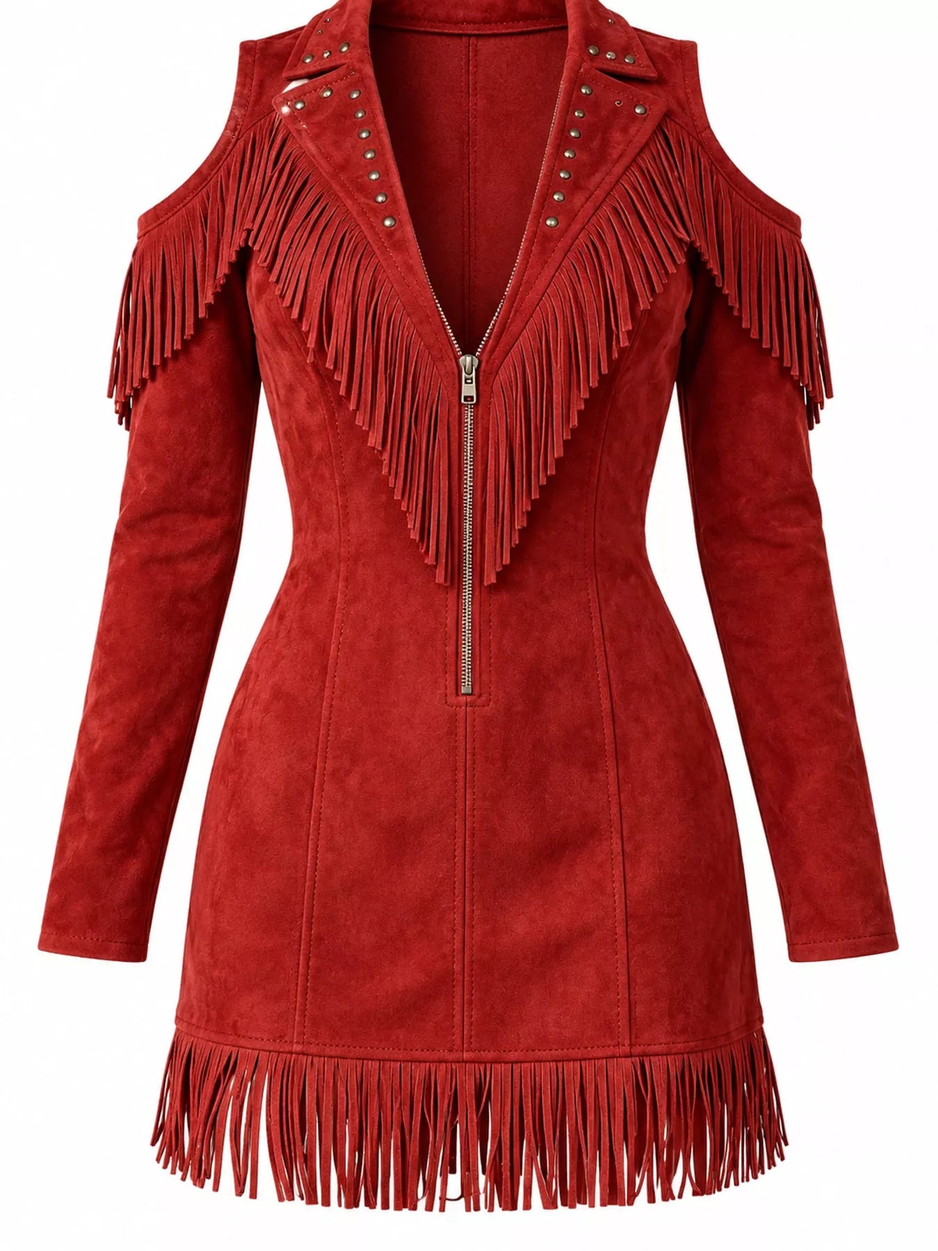 Front flat view of red fringed cold shoulder mini dress with fringed hem