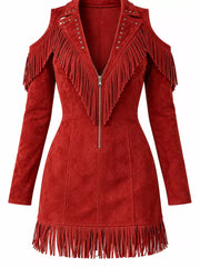 Front flat view of red fringed cold shoulder mini dress with fringed hem