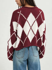 On-model back view of the burgundy and cream argyle knit sweater with dropped shoulders