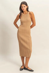Taupe round neck bodycon ribbed knit dress worn on model, front view, hands behind back