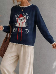 Navy raglan sleeve sweater with cat graphic and white trim