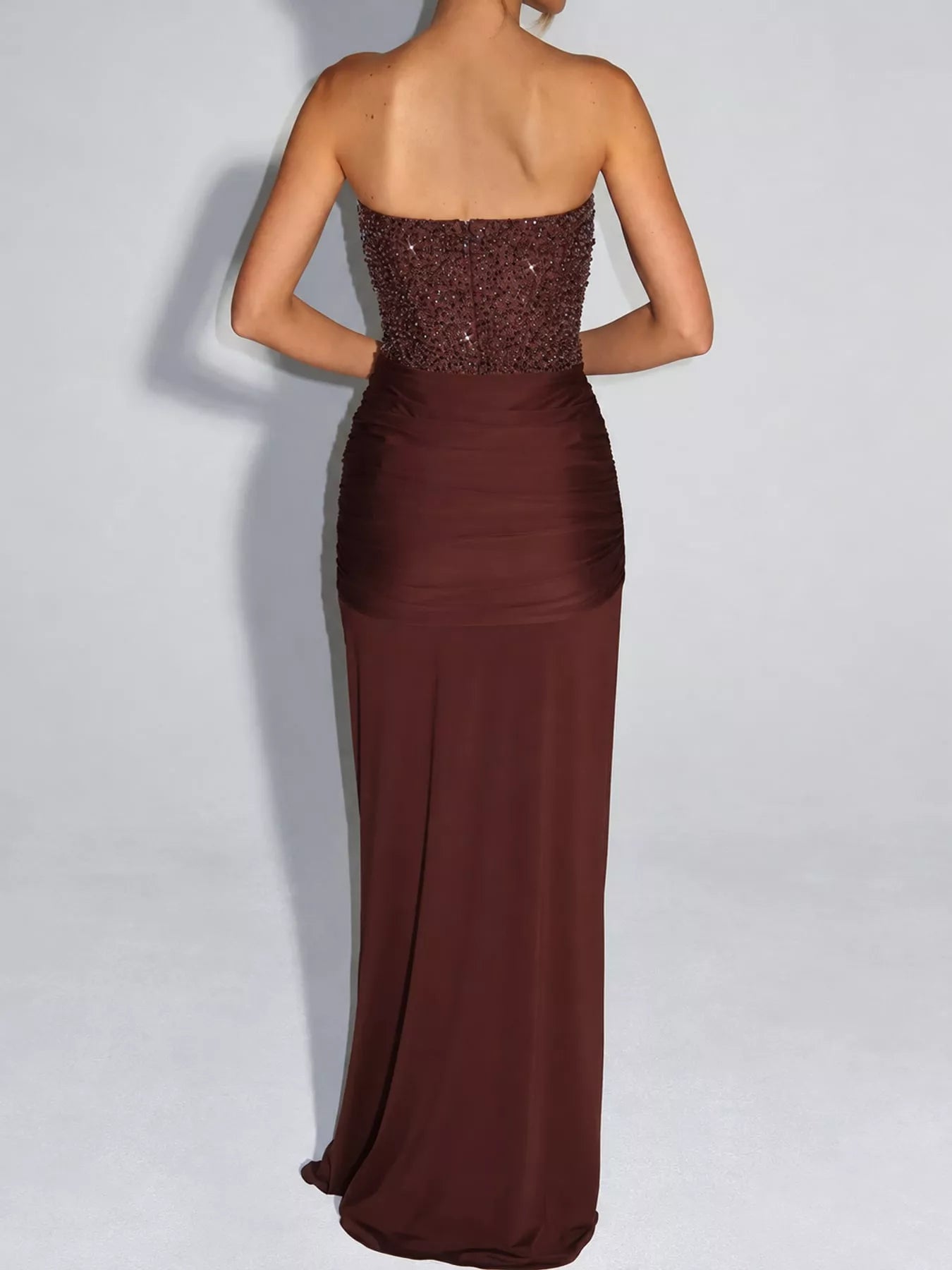 Dark Brown strapless sequin corset maxi dress on model, full length back view showing zip