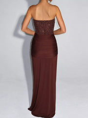 Dark Brown strapless sequin corset maxi dress on model, full length back view showing zip