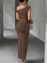 Back view of a camel asymmetrical one shoulder ribbed bodycon maxi dress