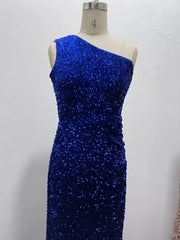Royal blue sequin one shoulder evening dress shown front facing on a dress form