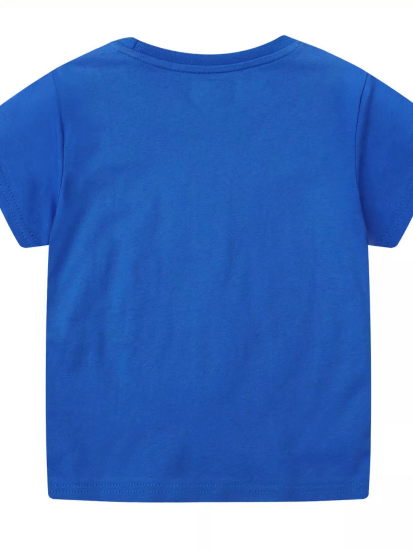 Back view of a plain blue children's crew neck t shirt