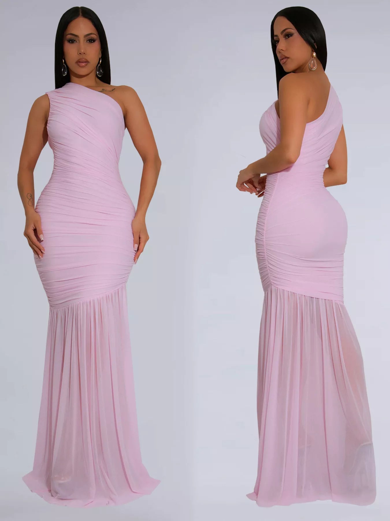 Blush pink one shoulder ruched bodycon maxi dress shown from front and side in one frame