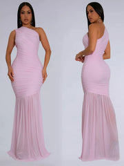 Blush pink one shoulder ruched bodycon maxi dress shown from front and side in one frame