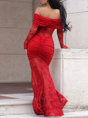 Back view of red off shoulder ruched maxi dress with lace sleeves and skirt