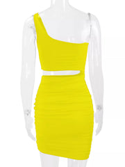 Yellow one shoulder cutout ruched bodycon mini dress on a clear mannequin back view
