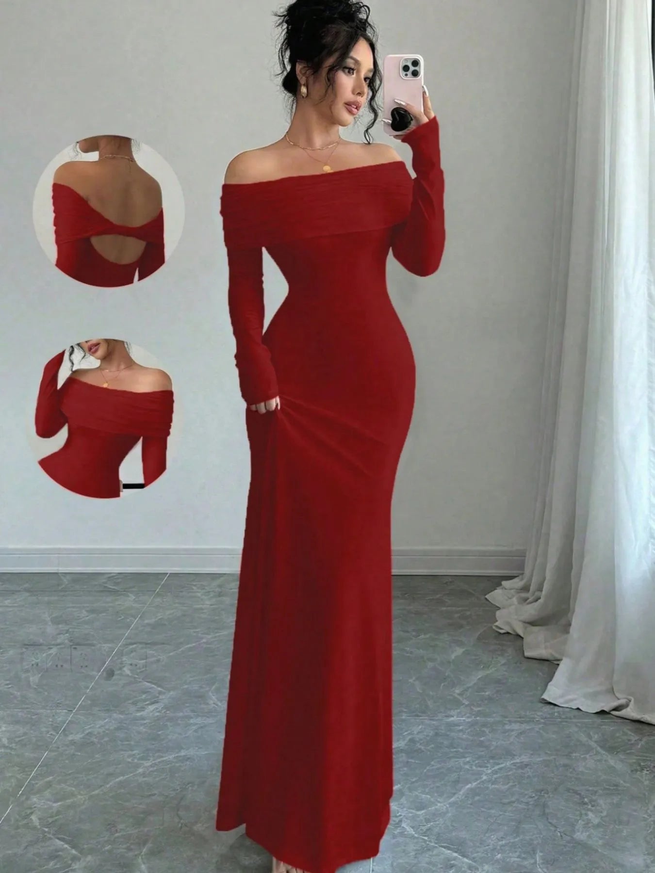 Full front mirror view of red off shoulder bodycon maxi dress with back detail insets